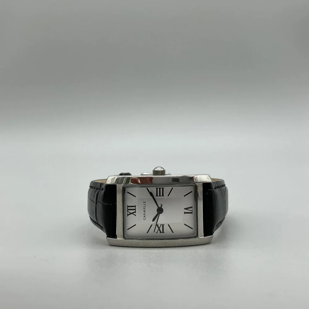 Caravelle Womens Watch 21mm Silver Tone Black Leather Band 43L202 New Battery